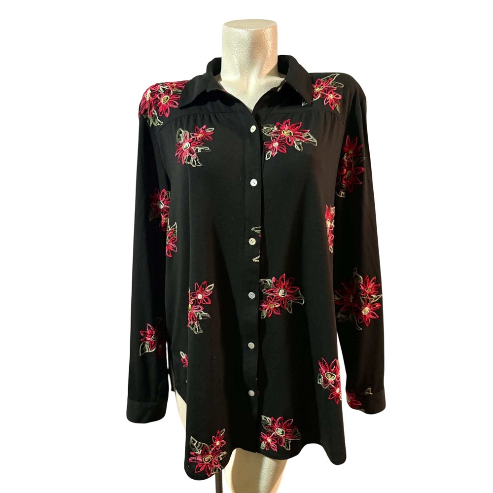 Rose & Beverly Womens XL Black Floral Embroidered Long Sleeve Button Down Shirt